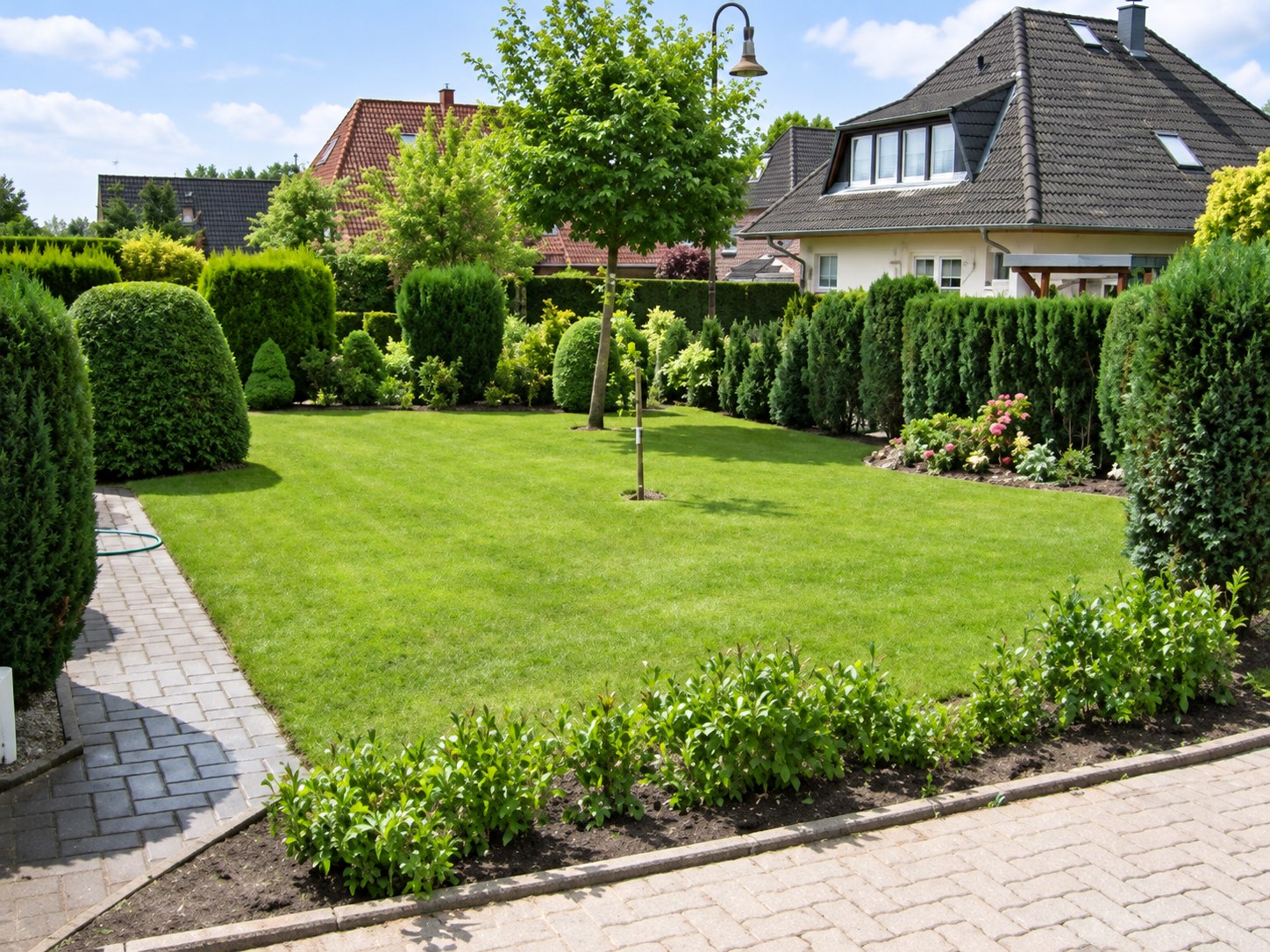 Gepflegter Hausgarten mit Rasen, Beeten und Formgehölzen
