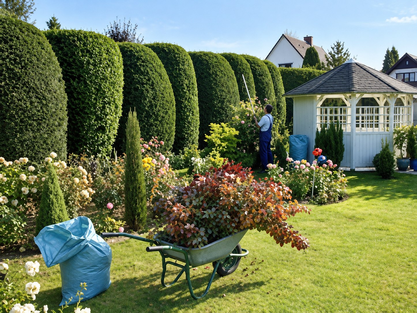 Gepflegter Garten mit Rasen, Hecken und Bepflanzung