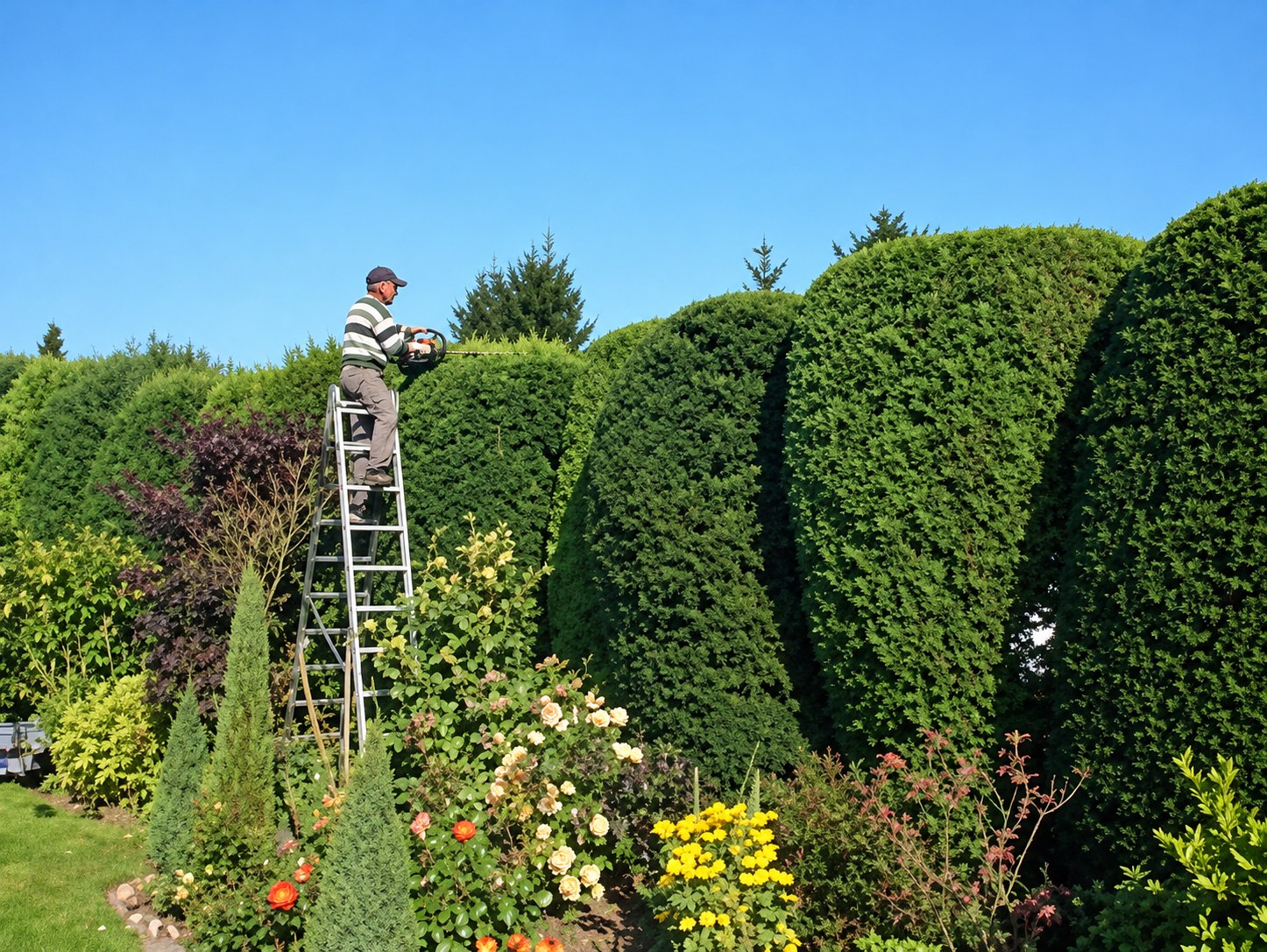 Gärtner beim Formschnitt einer hohen Hecke